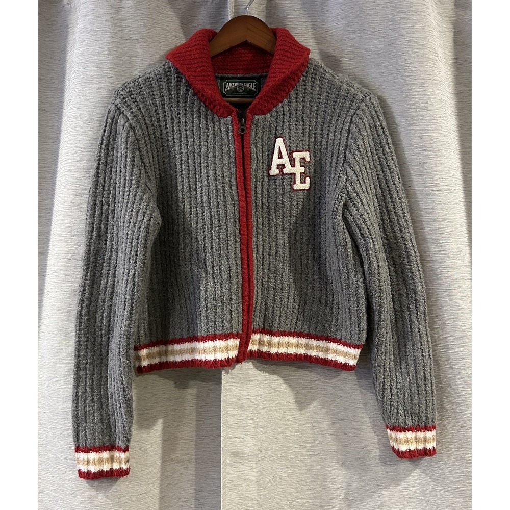 American Eagle Cardigan Letterman Gray Red Zip Sweater Schoolgirl Hipster Preppy